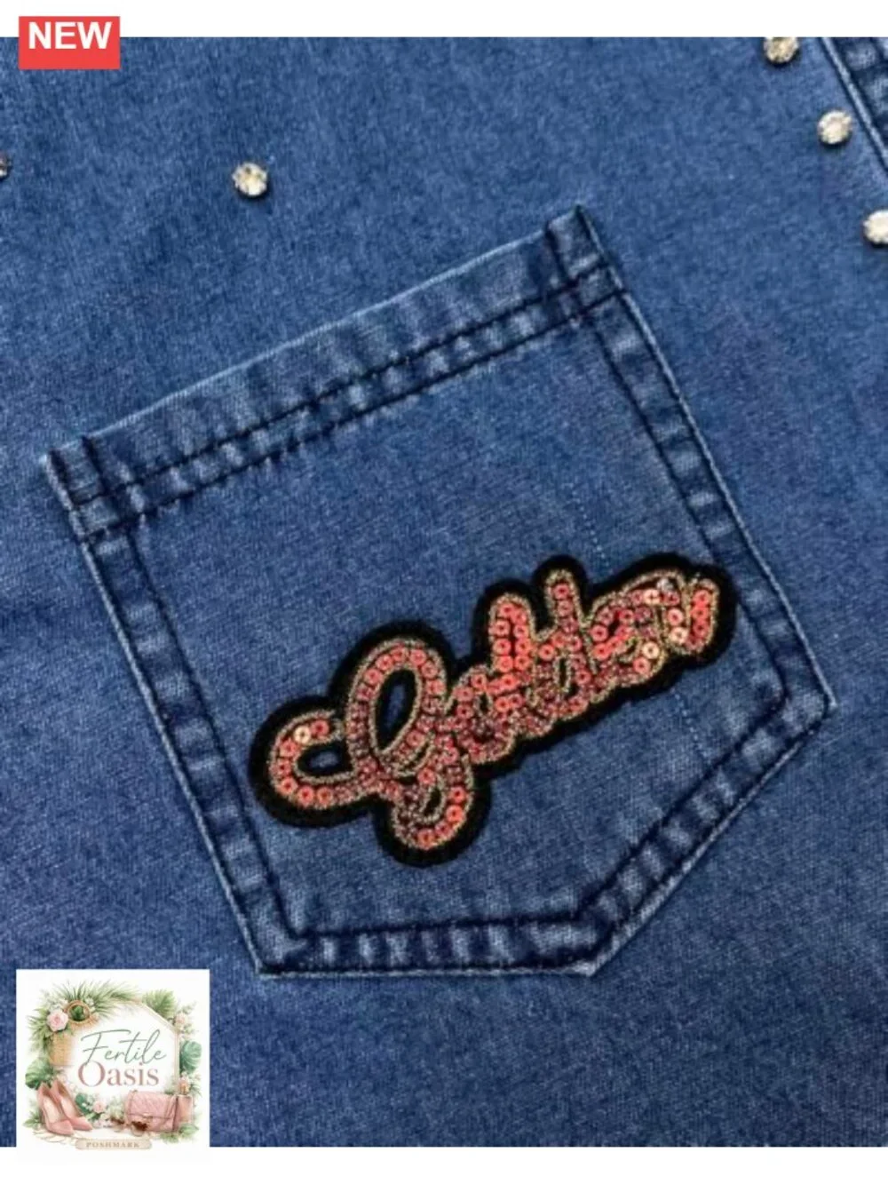 Oversized Rhinestone Denim Shacket Embroidered Patches Jacket
